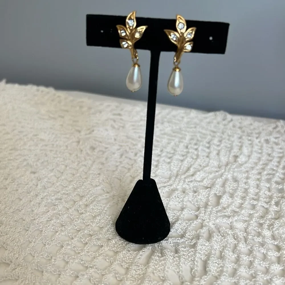 Vintage Faux Pearl Drop Clip On Gold Tone Rhinestone Leaf Earrings